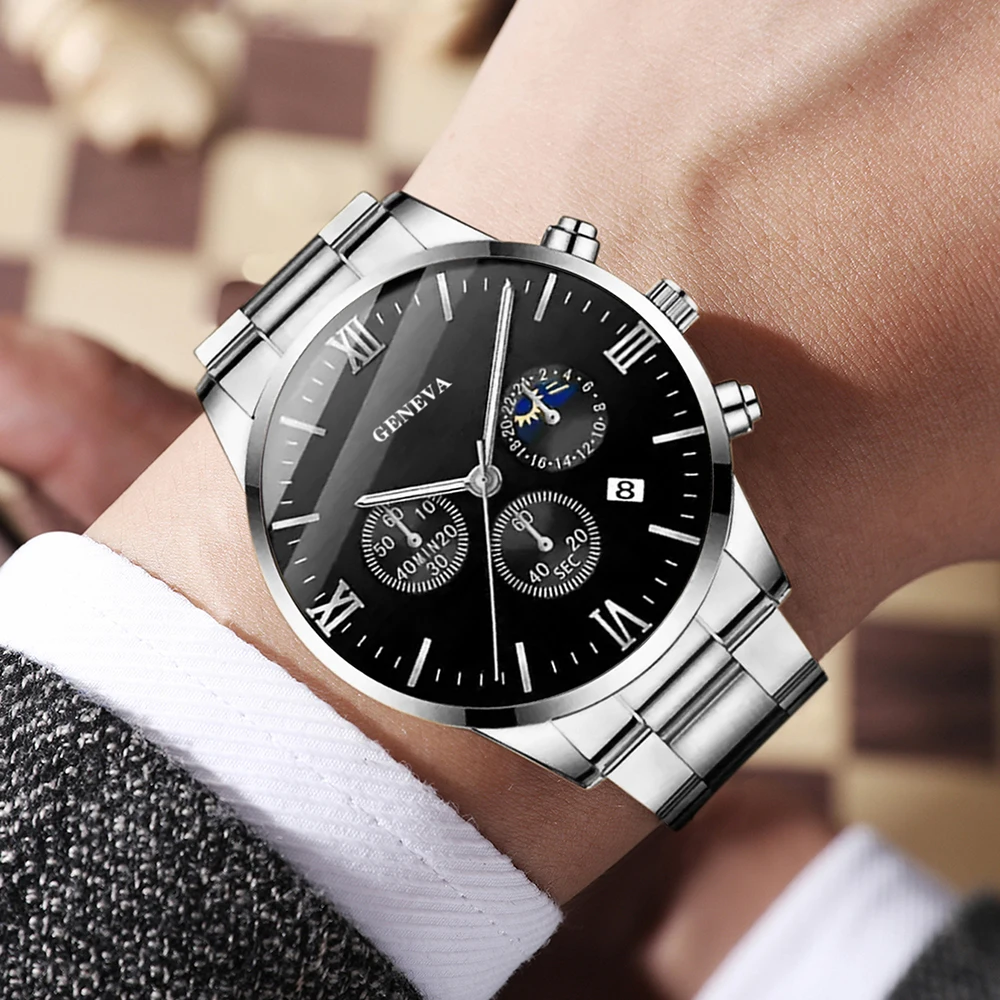 طقم ساعات رجالية مكون من 4 قطع، ساعة كوارتز عصرية للأعمال، قلادة متقاطعة، قلادة، خاتم، سوار، مجموعة مجوهرات هدية مثالية له