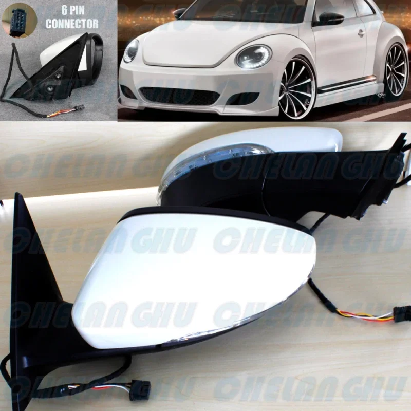 For VW Beetle 2012 2013 2014 2015 2016 2017 2018 2019 LHD 1 Pair 6 pins White Painted Heated Power Fold Mirror Assembly