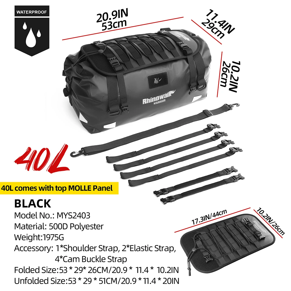 Rhinowalk Motorfiets Zadeltas 20L/40L/65L Waterdichte Motor Achterzitting Opbergrugzak Bagage Met MOLLE Uitbreidingspaneel