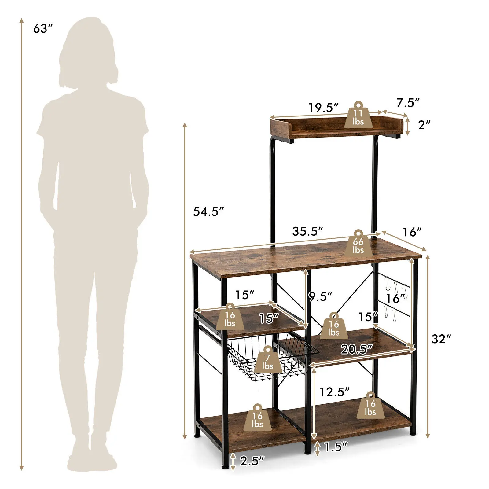 Costway 4-Tier Kitchen Baker's Rack Microwave Stand w/Basket & 5 Hooks Rustic Brown