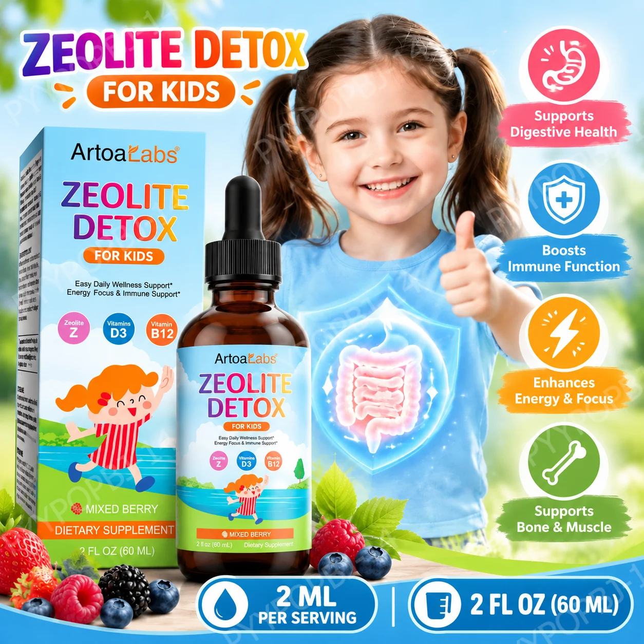 ArtoaLabs Kids Zeolite Detox Drops, Support Digestive Immune Energy Bone Muscle, Zeolite Vitamin D3 B12, Mixed Berry, 60ml
