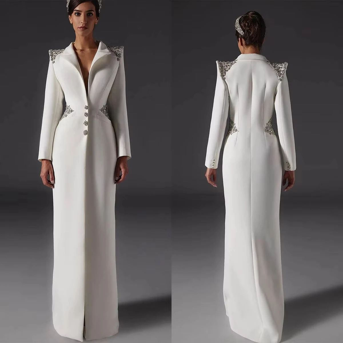 

Women Long Blazer Dress Plus Size Slim Beading V Neck Jacket Prom Evening Guest Formal Wear Customized Handmade Beads Diamonds