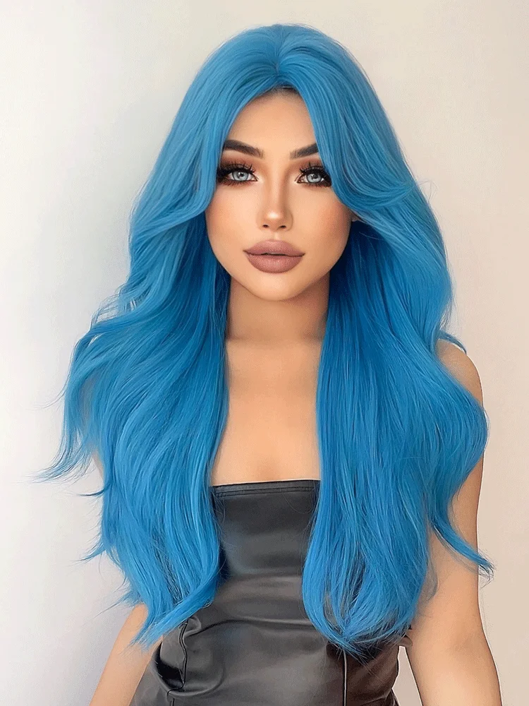 28Inch Sea Blue Color Synthetic Wigs Middle Part Long Natural Wavy Hair Wig For Women Cosplay Drag Queen Party Heat Resistant