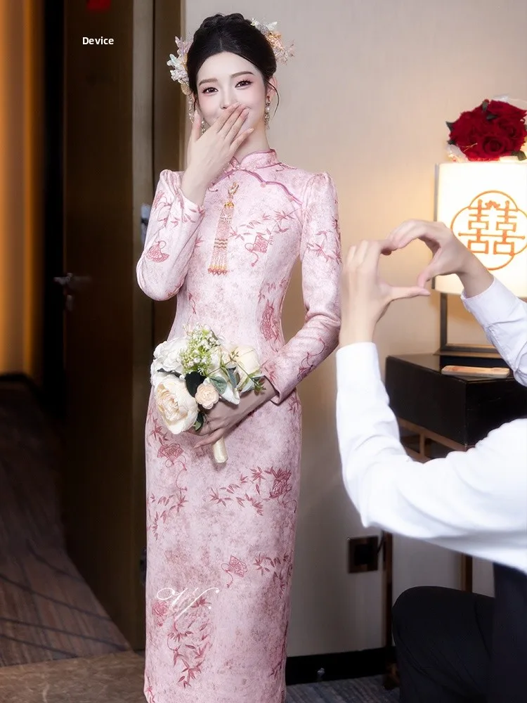 

Розовое китайское винтажное приталенное платье с длинными рукавами для свадьбы, помолвки и различных мероприятий