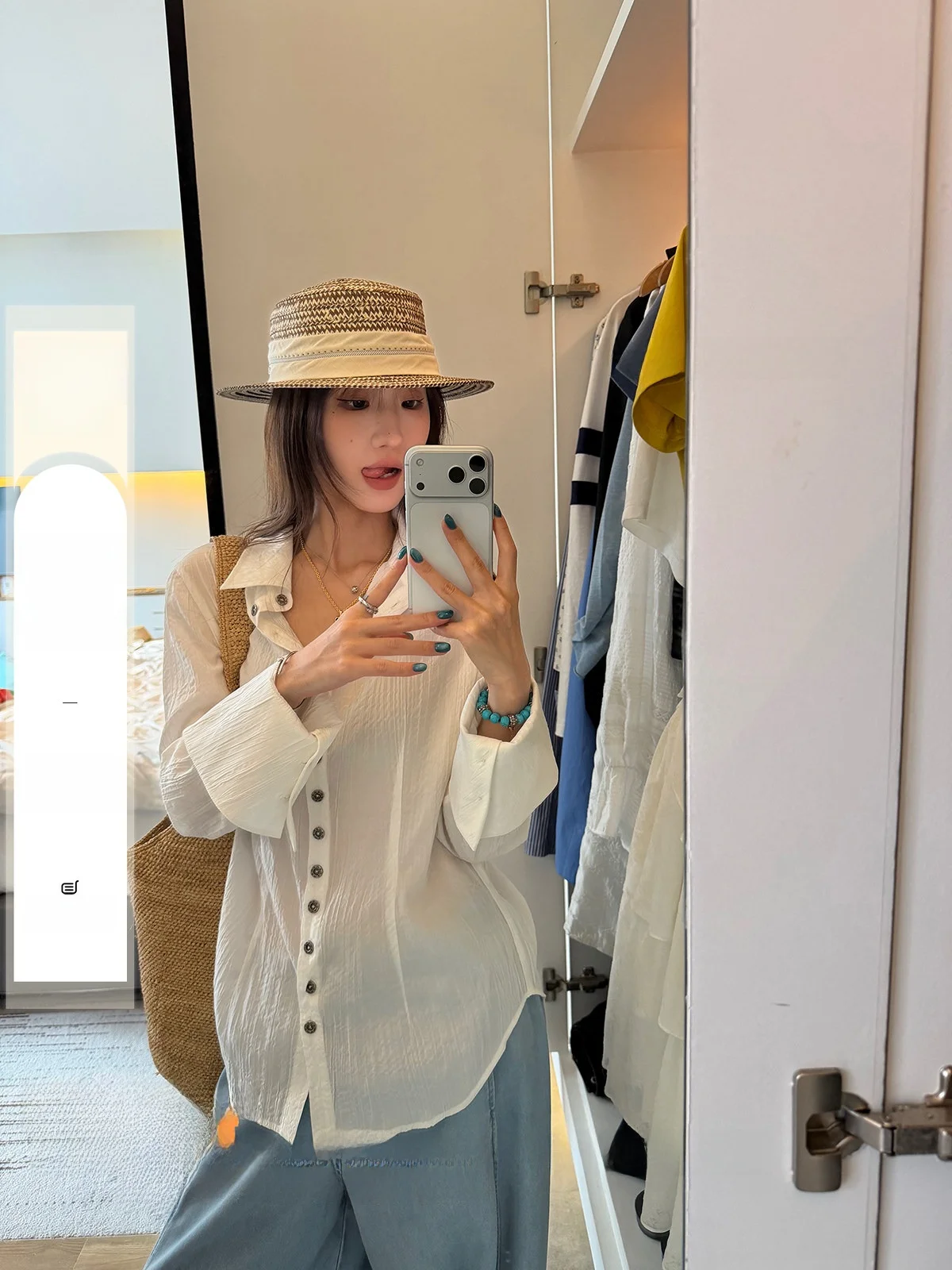 

Slim Fit Women's Shirt Xiangcai White Texture Summer Sun Protection Casual Top Waist Cinching Long Sleeve Polyester Fiber