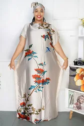 Summer Bohomian African Printed Silk Muslim Lady Long Abaya With Scarf Dubai Traditional Women Ramadan Loose Kaftan Dress