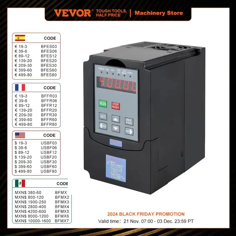 VEVOR VFD Frequency Inverter 1.5/2.2/3.0/4.0/5.5/7.5KW 220V 3P Variable Speed Drive Frequency Converter for CNC Milling Machine