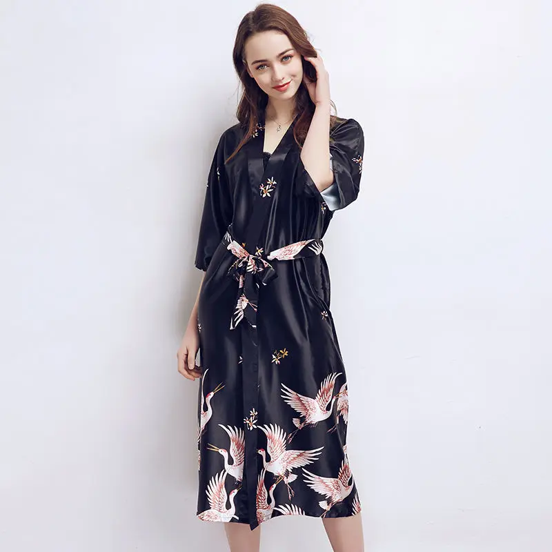 Satin Female Nightgown Kimono Robe Set Sexy Sleepwear Intimate Lingerie Print Crane Home Dressing Gown Loungewear Bathrobe