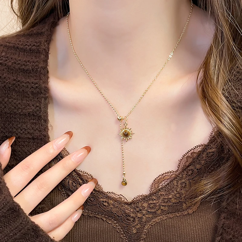Lange Sonnenblume Tigerauge Stein Anhänger Halskette für Damen Accessoires 2025, neue Herbst/Winter Pullover Kette Licht Luxus Schmuck – Detail 6