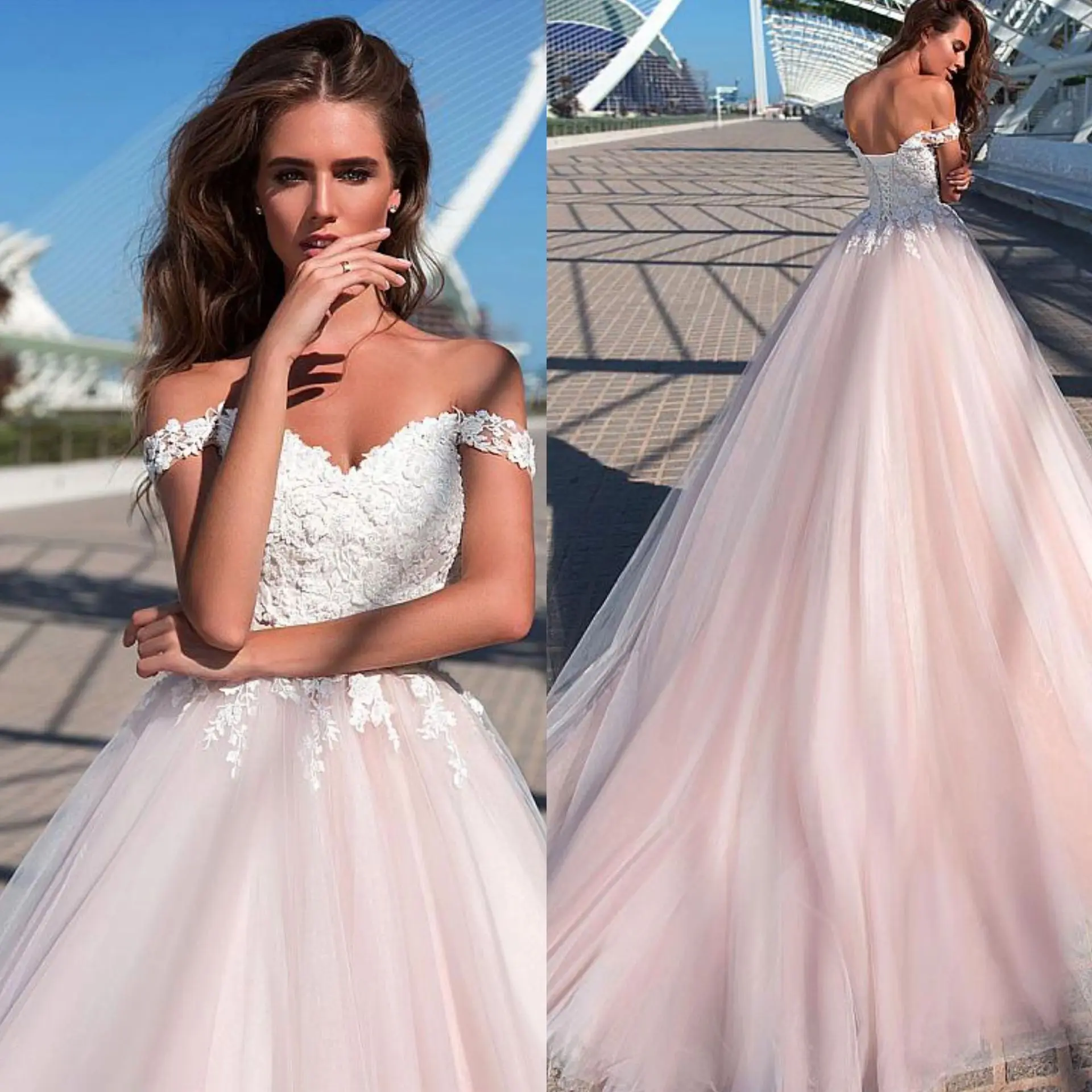 

VENSANAC Off the Shoulder A Line Pink Wedding Dress Lace Appliques Sweetheart Sweep Train Backless Bridal Gown