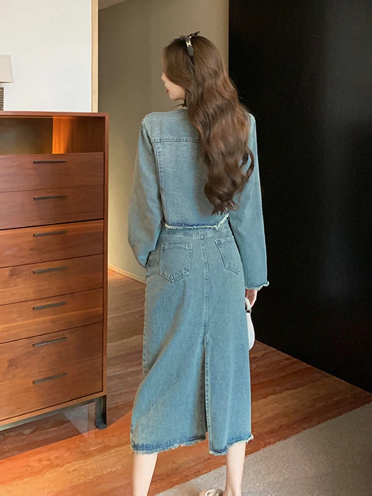 Fashion Elegant Denim 2 Pieces Outfits Women Casual Long Sleeve Tops Coat Jacket Tops Midi Skirt Sets Mujer High Street Clothes