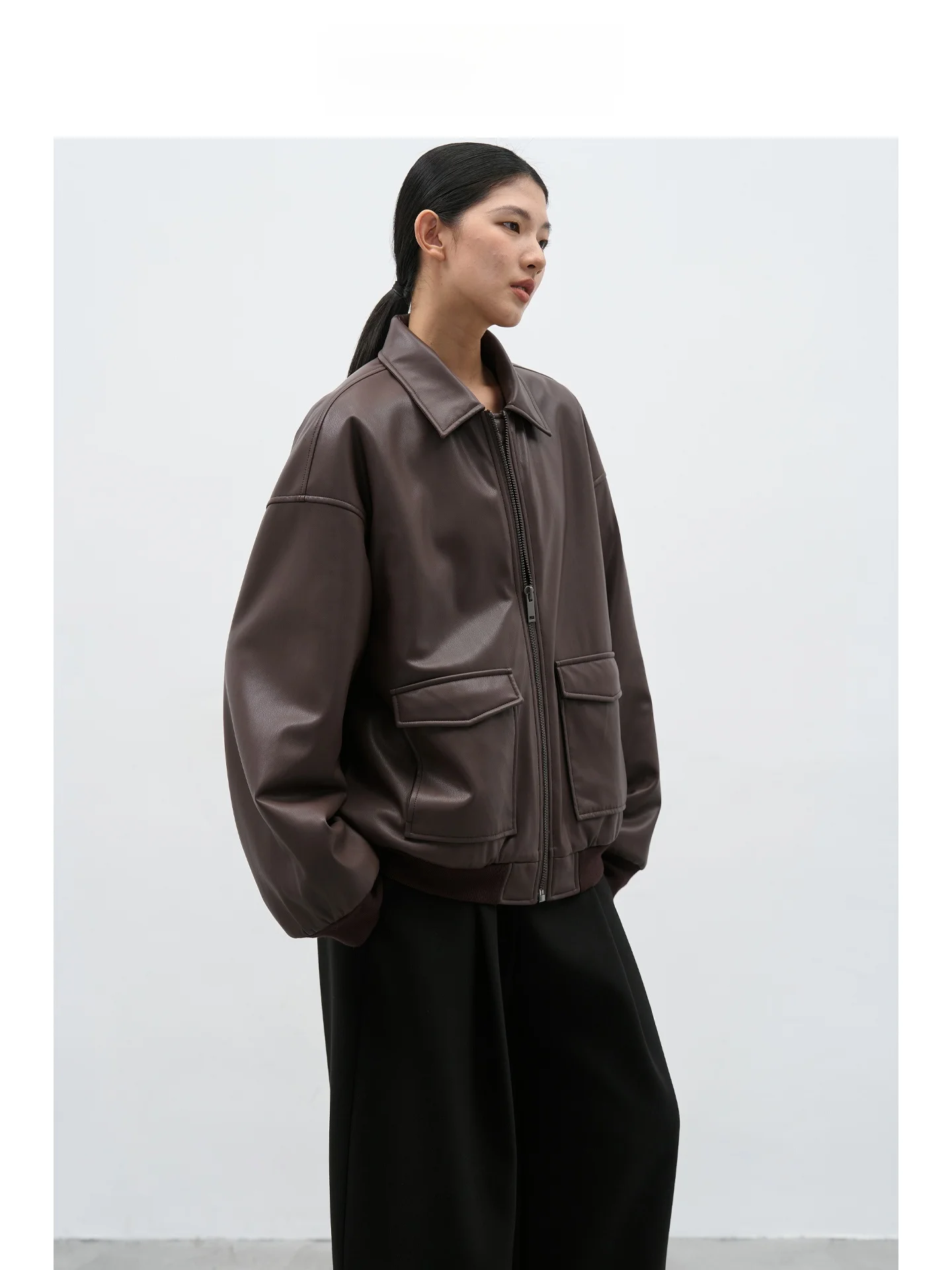 EIGHTHMONTH جاكيت نسائي كاجوال بسحاب، بني بني داكن، ياقة، أكمام طويلة، قصة ضيقة، معطف جلدي، ملابس خارجية للنساء