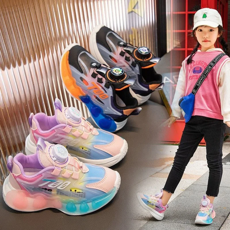 Zapatillas de deporte para niños y niñas, zapatos con botones giratorios de fondo suave, a la moda, para primavera y otoño