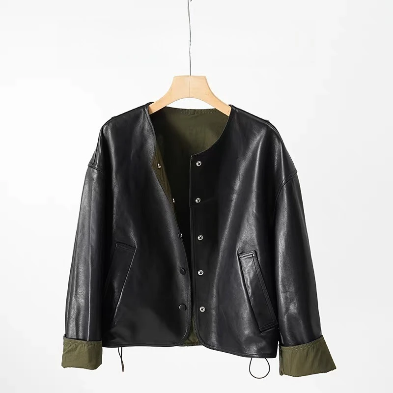 Hochwertige Lederjacke für Frauen 2025, O-Ausschnitt, Schaffell-Ledermantel, weiblich, locker, vielseitig, Jaqueta Streetwear