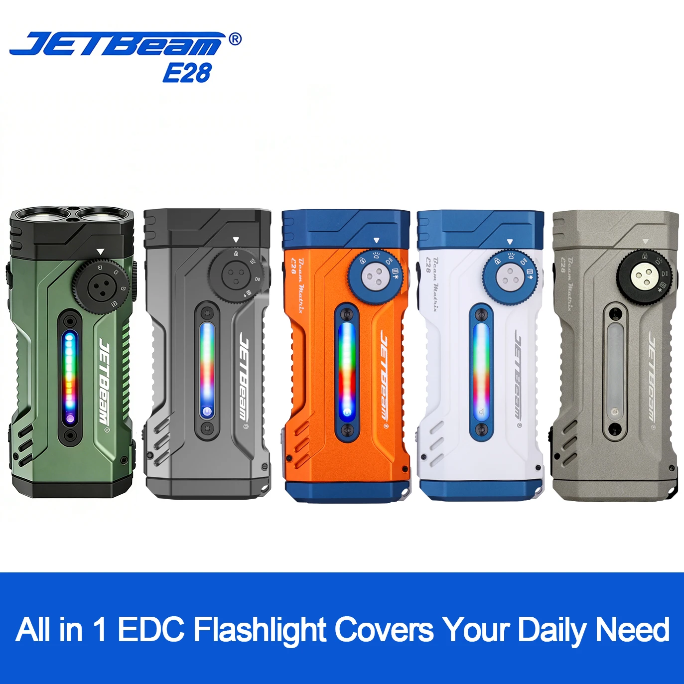 JETBEAM E28 EDC Multi Mode Tactical Flashlight 3300lm Rechargeable Flashlights UV Black Light Torch Power Bank Bicycle Light