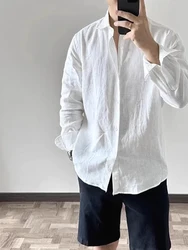 High-End Men's Cotton Linen Pleated Shirt Loose Breathable Long Sleeve Sun Protection Casual Versatile Linen  Color Shirt