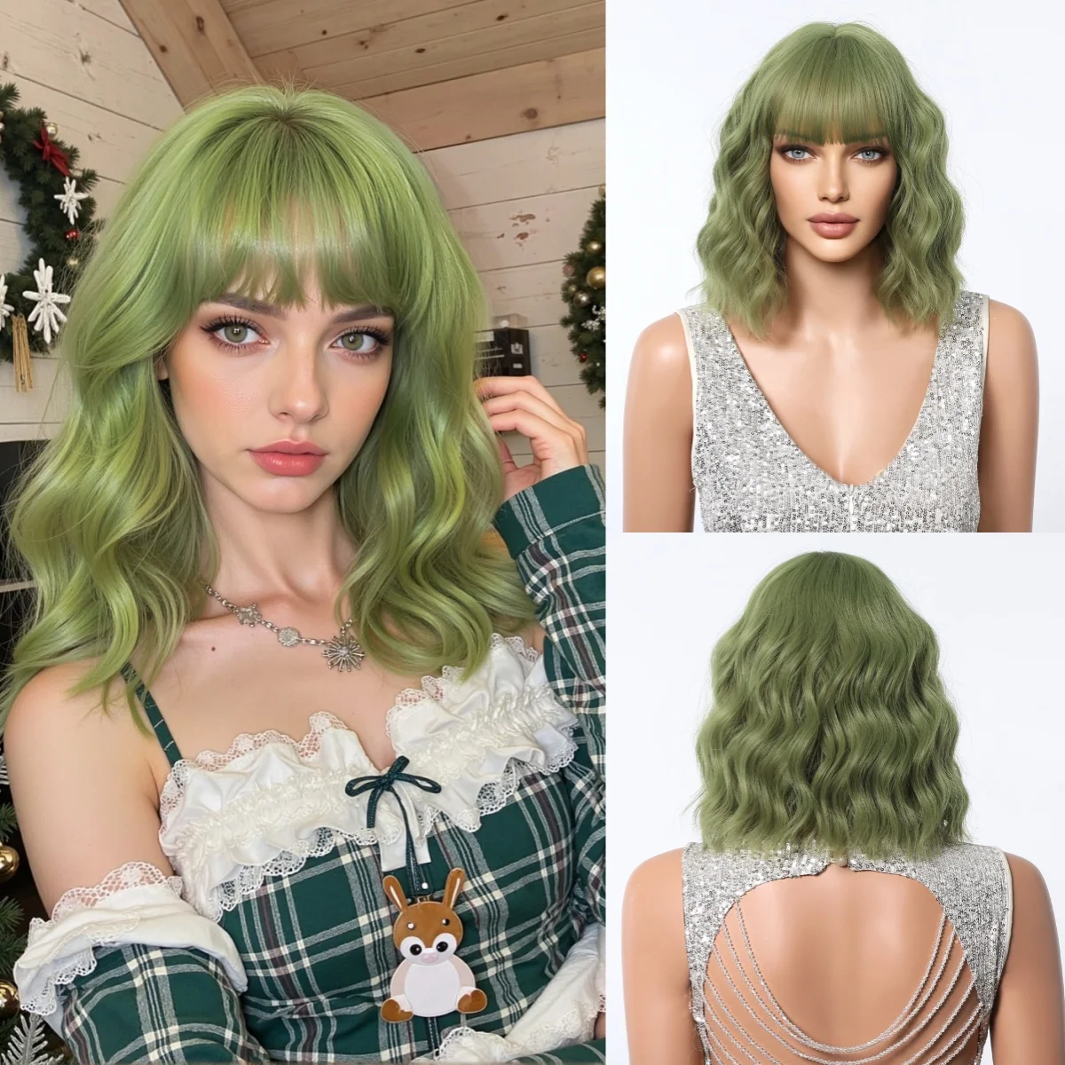 ALAN EATON Short Green Synthetic Natural Bob Wavy Wigs with Bang for Women Christmas Party Daily Use Heat Resistant Fiber