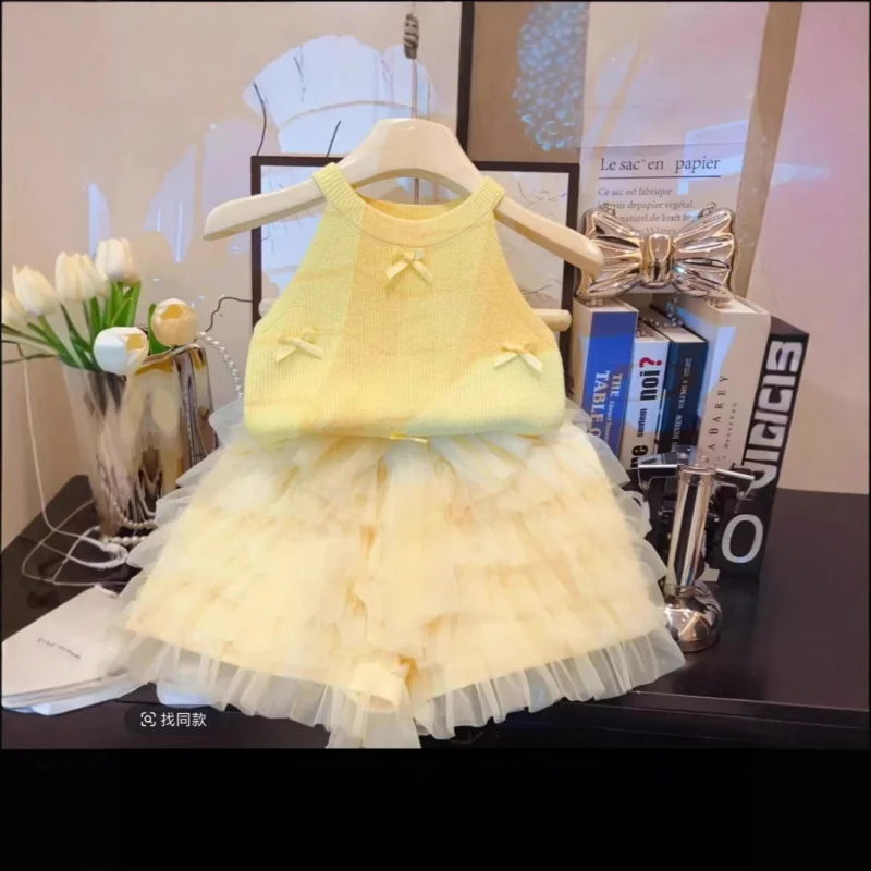 

Children's Set New Summer Girl Baby Sweet Strap Vest Top Mesh Handmade Puffy Short Skirt Two-Piece Set