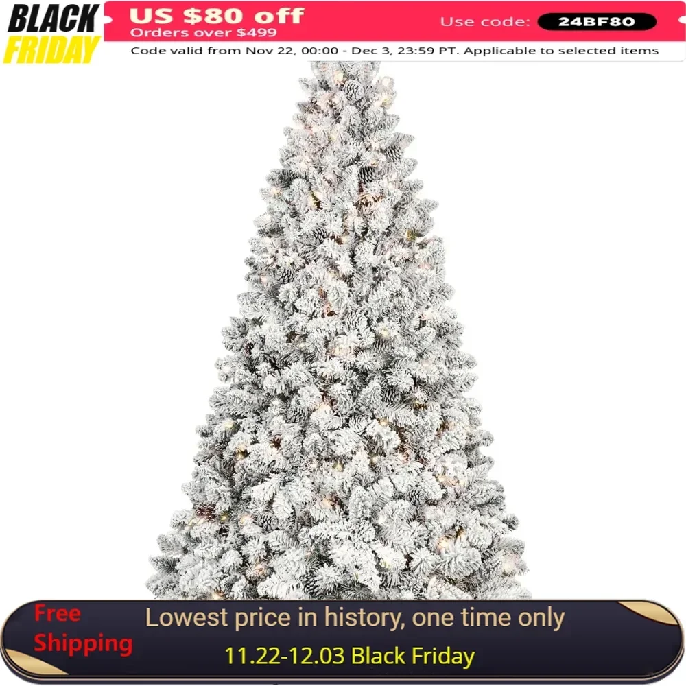 

9FT Christmas Tree with 850 Lights & 2240 Branch Tips, Pre Lit Hinged Xmas Trees with Memory Wire Technology, Christmas Tree