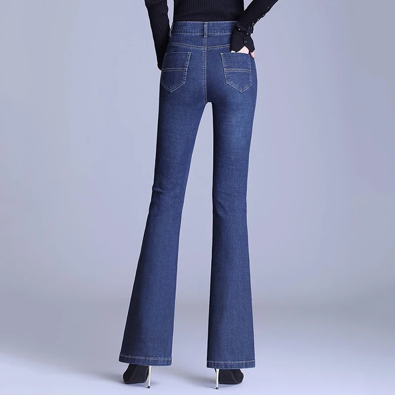 Moda addensare Flare Jeans inverno caldo Slim Denim pantaloni Vintage Stretch peluche foderato Vaqueros vita alta donna Bell-bottoms