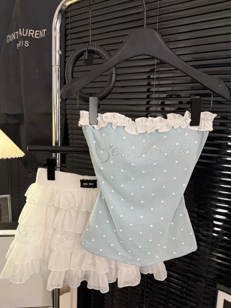 Été nouveau pur désir Sexy fille à pois à volants garniture bustier tubulaire femmes coupe ajustée ort longueur coton mélange débardeur