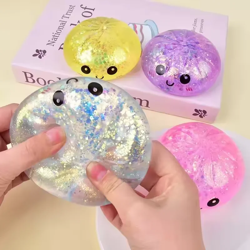 Squishy Glitter Simulation Steamed Bun Toy with Steamer Box Slow Rebound Stress Relief Squeeze Fidget Toy for Teens Adults Gifts