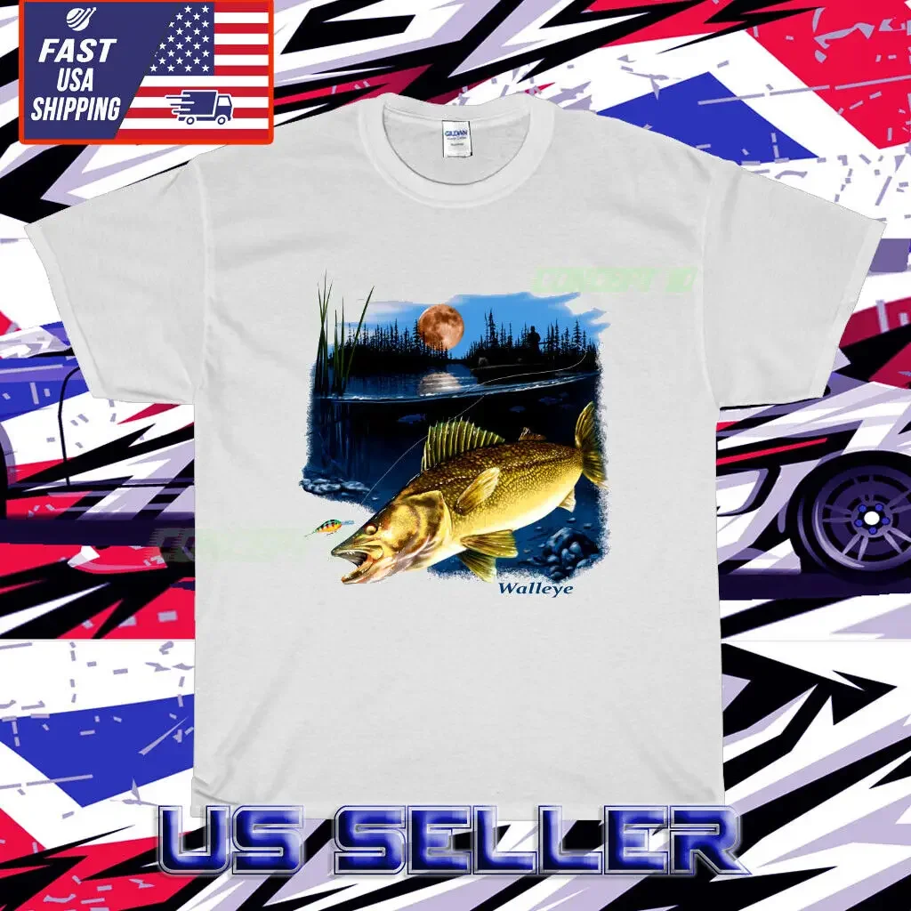 HOT SHIRT WALLEYE FISH WHITE LOGO T-SHIRT UNISEX TEE FUNNY USA SIZE S-5XL