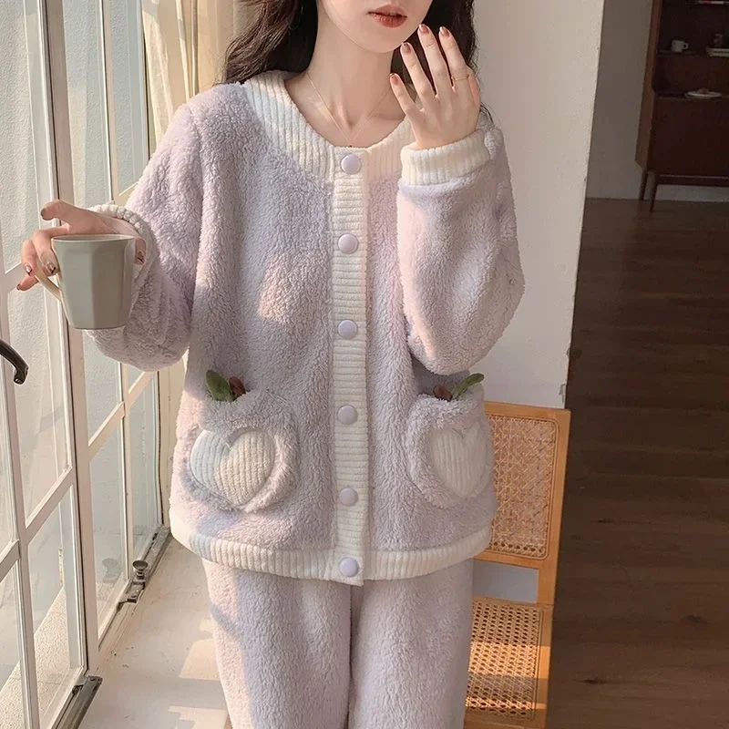 2024 New Coral Velvet Pajamas Women Autumn Winter Sleepwear Plus Velvet Padded Cardigan Loungewear Suit Sweet Flannel Homewear