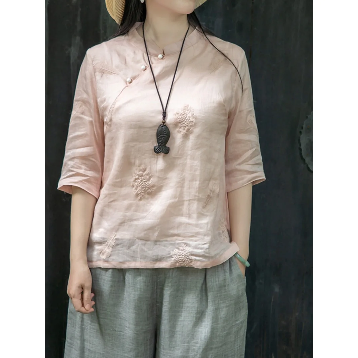 

Women's Large Size T-shirt Embroidered Silk Cotton Spring Summer New Style Stand Collar Half Sleeve Base Shirt