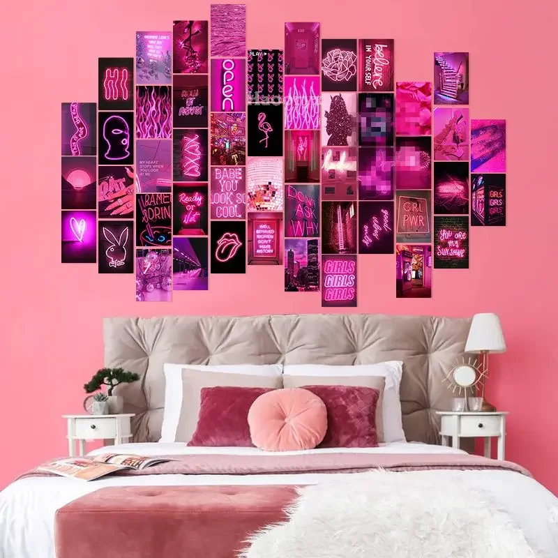 50 home decoration poster collage card set Blue/pink/green/orange neon wall collage poster background wall Photo Gift for Adult