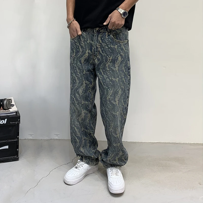 Fashion Jacquard Printed Jeans Men's Street Cool Design Loose Straight Fashion Brand Wide Leg American High Street Hip Hop Pants