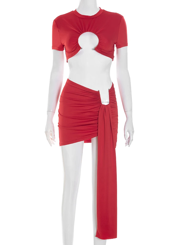 Nibber Fashion Summer 2Piece Set Women Solid Shorts Sleeve Ruched Brooch Crop Tops+Irregular Ribbon Skirts Matching Club Outfits