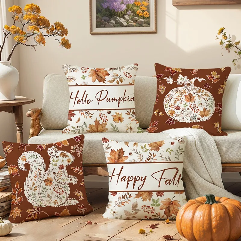 Halloween Autumn Maple Leaf Pillow Cover Linen Printed Home Living Room Decoration Pillow Case Bedroom Cushion Cover Pillowcase