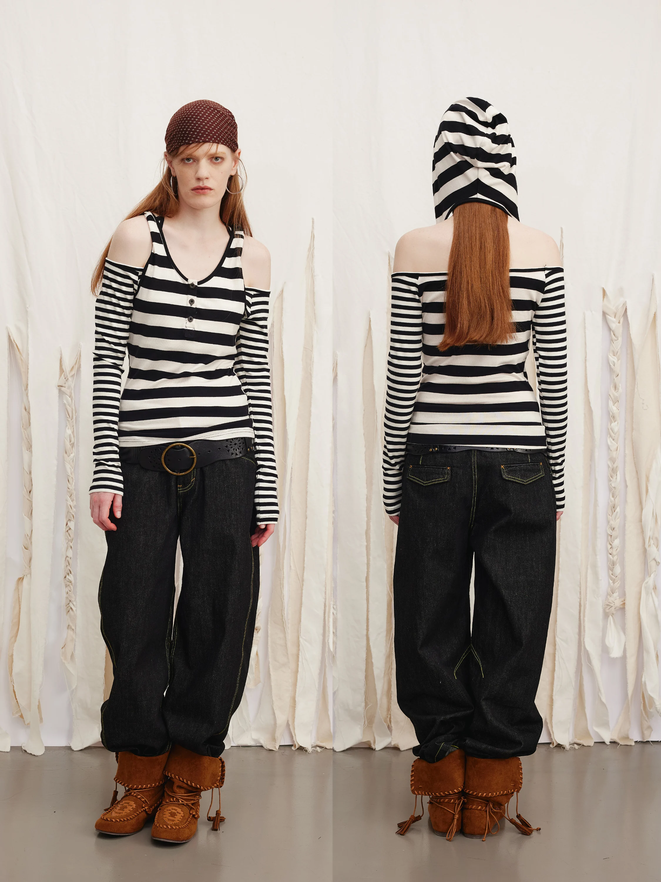 

O'Clo Larsele Cotton Bla White Stripes Irregular Splicing Fake Two-Piece Hooded Long Sve T-irt Women's Faion Daily...