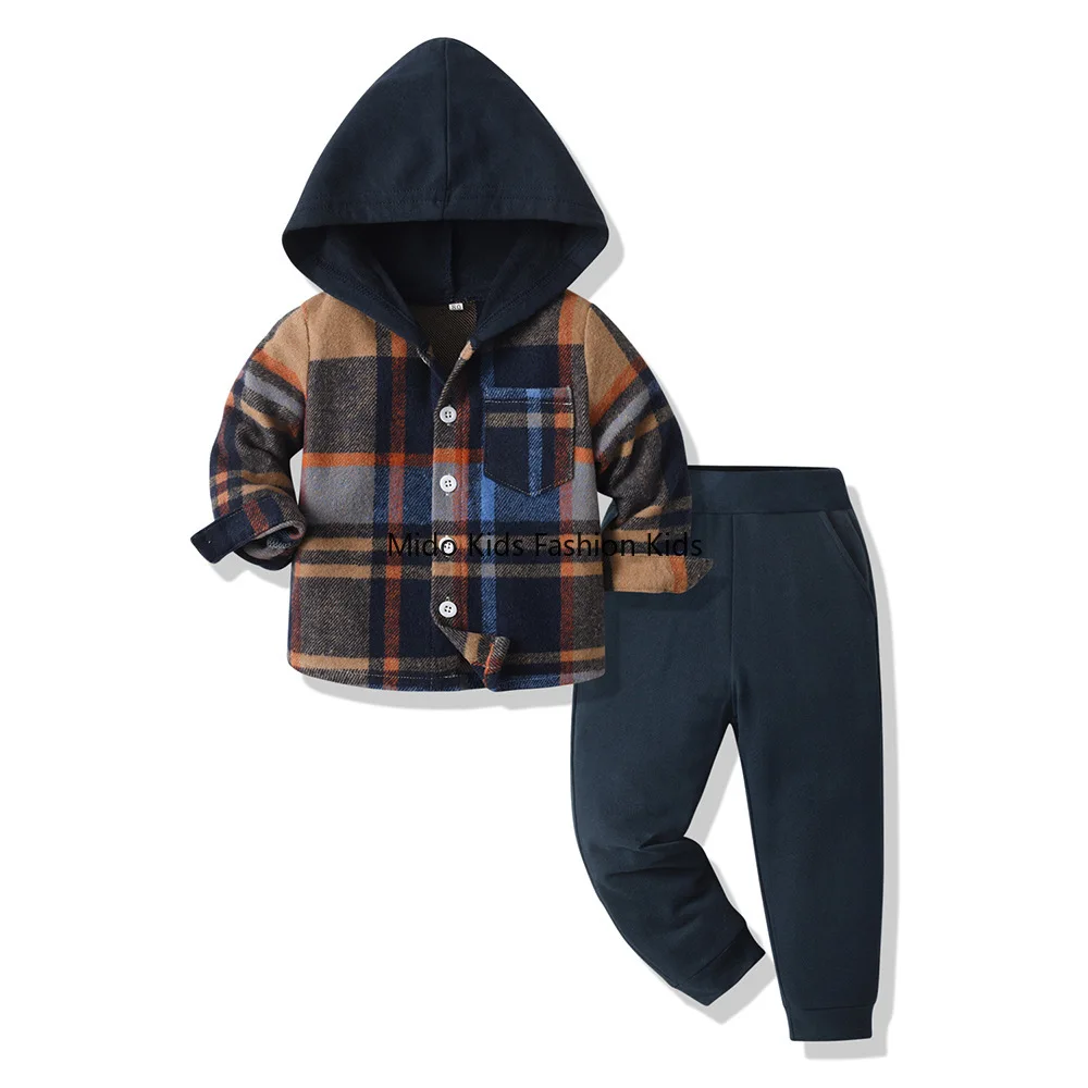 

New Stylish Boys' Autumn Outfit Fashionable Children's Autumn Wear Tartan Shirt Two-Piece Set Boys' Autumn Children's Clothing