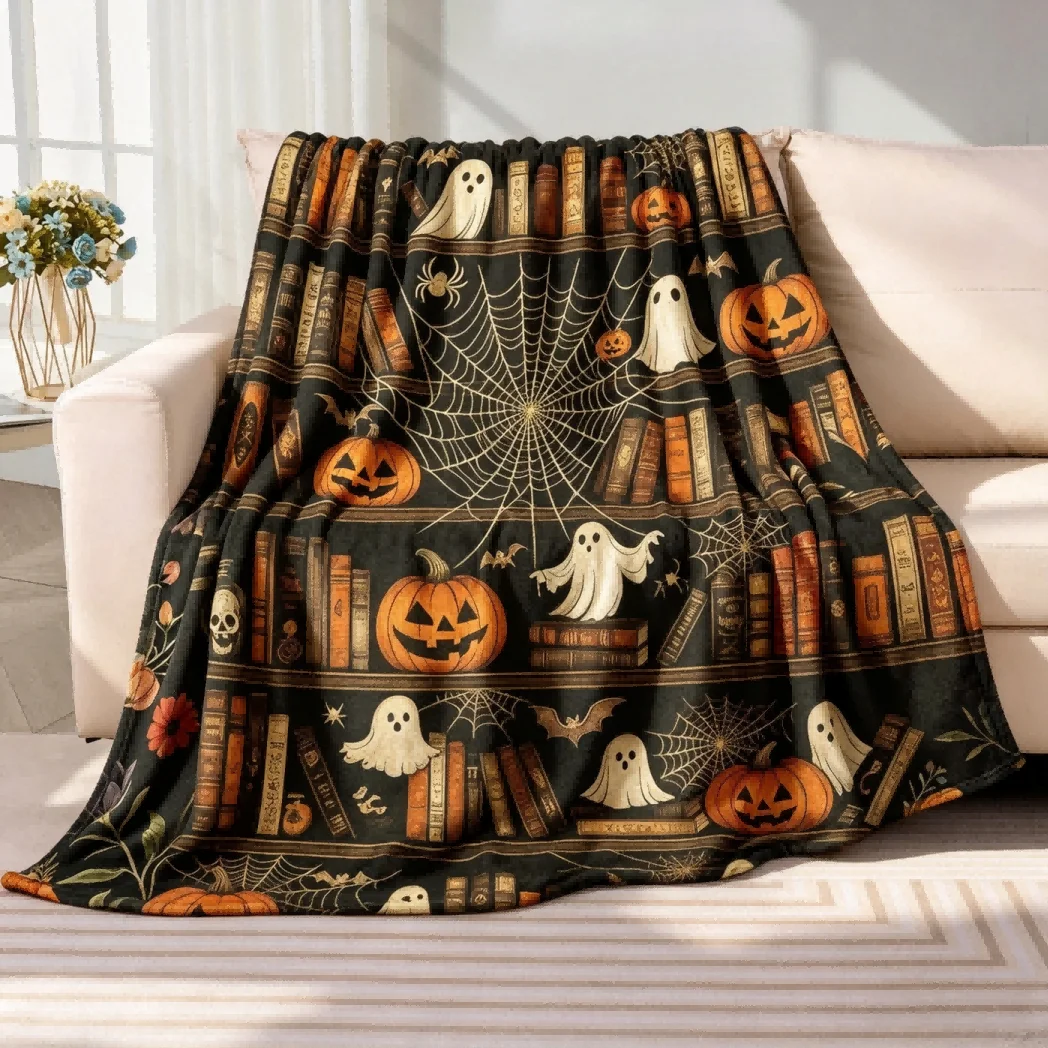 1pc Ghosts Bookshelf Pumpkin Blanket Gift Halloween X-mas Flannel Blankets Girls Boys Family Festival Deco Gifts Four Season Use