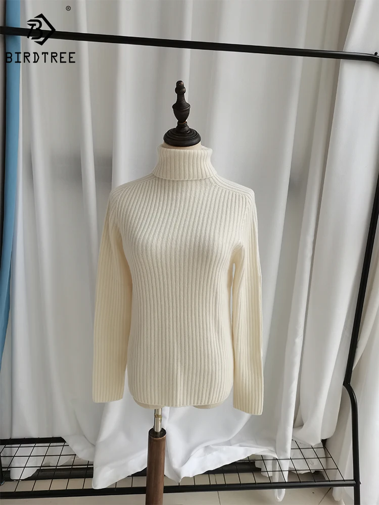 Birdtree 100%Cashmere Pullover High Neck Thickened Simple Solid Soft Comfortable Warm Commute Knit Sweater Fall Winter T30004QD