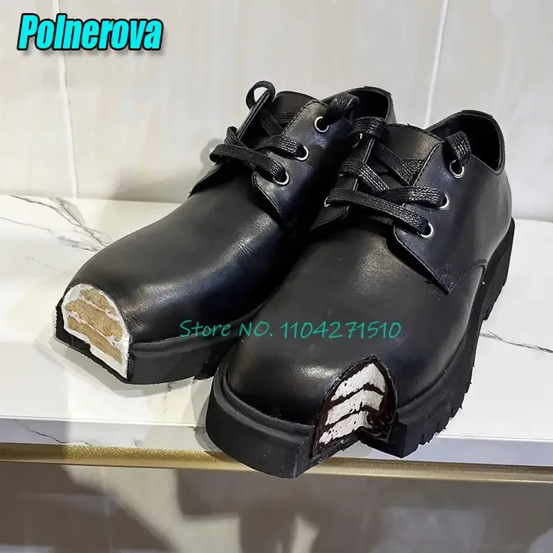 Kuchen-Design, dicker Boden, Derby-Schuhe für Herren und Damen, schwarz, echtes Leder, Schnür-Oxfords, britische Strange-Toe-Plattform, flache Freizeitschuhe