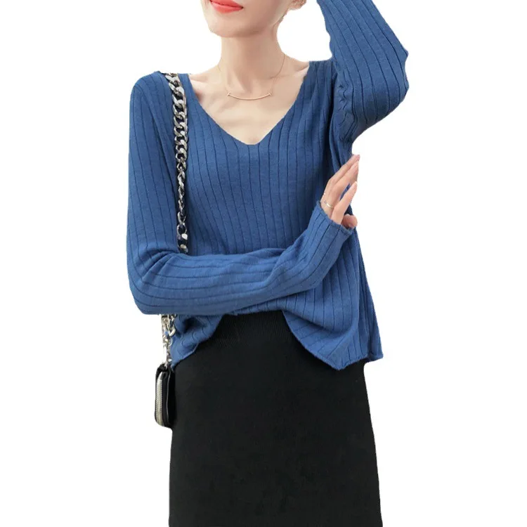 قميص نسائي ضيق بأكمام طويلة وياقة على شكل V، قميص أساسي للخريف والشتاء، ملابس داخلية على الطراز الكوري متعددة الاستخدامات ونحيفة