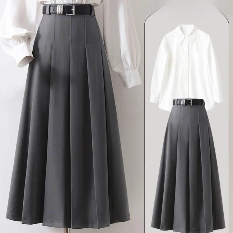 Female Elegant Vintage Pleated Maxi Long Skirt Women with Belt Korean Preppy Style High Waist Slim A-Line Pleated Skirts Q938