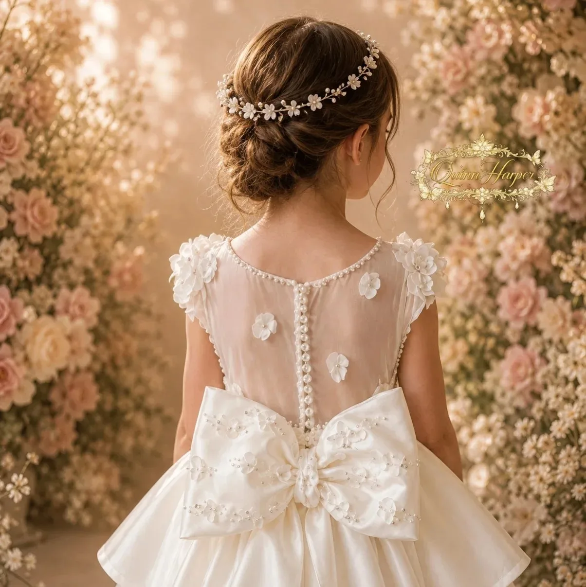 Maßgeschneidertes Prinzessinnenkleid für Blumenmädchen, Großhandel, für Hochzeiten, mit floralen Applikationen, bodenlang, aus Tüll, für die Erstkommunion, Festzug – Detail 5