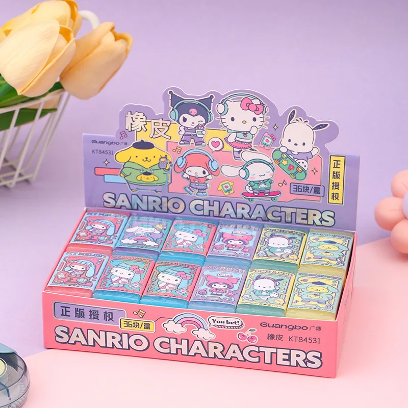

New Sanrio Eraser 36pcs HelloKitty Kuromi Students Cartoon Kawaii Stationery Cute Eraser Clean Rubber Birthday Gift Wholesale