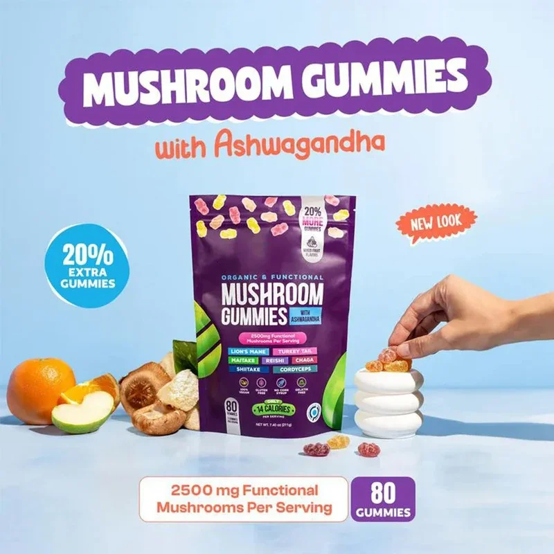 80 Count Organic Mushroom Gummies with Ashwagandha & Lions Mane Immune Support & defense, Brain Boost, Vegan view 5