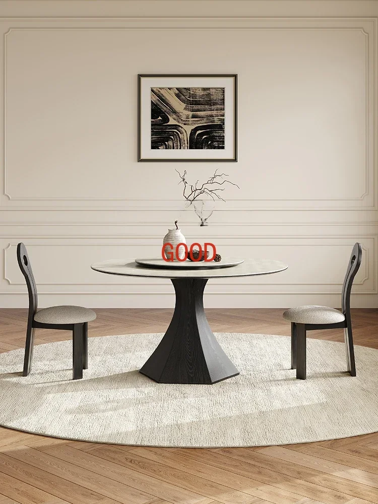 Nordic Solid Wood round Table Household Restaurant Dining Table with Turntable Walnut Retro Chic Simple Modern