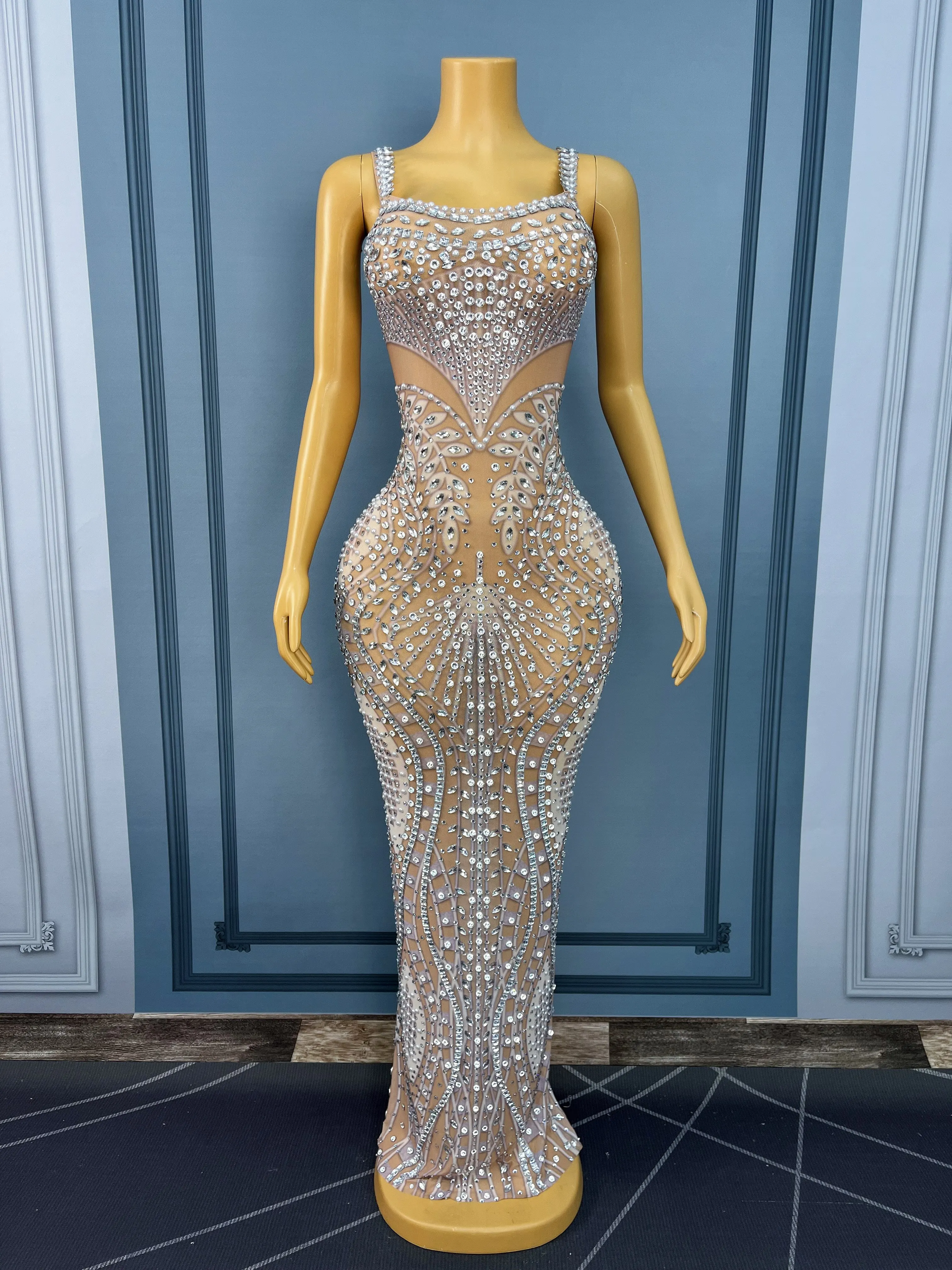 Luxury Fashion Gown Sparkly Rhinestones Sexy Nude Mesh Suspenders Dress Women Evening Party Red carpet Elegant Outfit Bailu