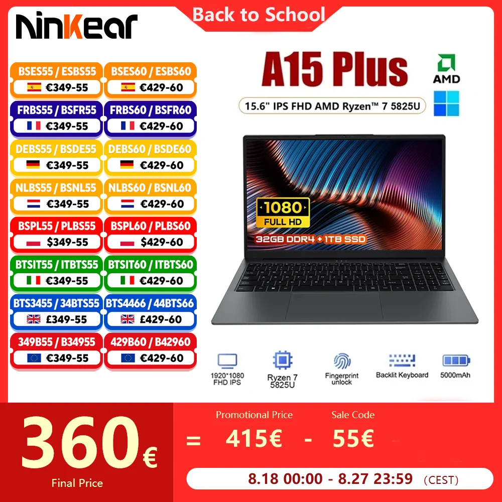 Laptop Ninkear A15 Plus 15,6 IPS FHD AMD Ryzen ™   7 5825U Notebook 32G DDR4 1TB SSD 57WH Computer da gioco Windows 11 Notebook