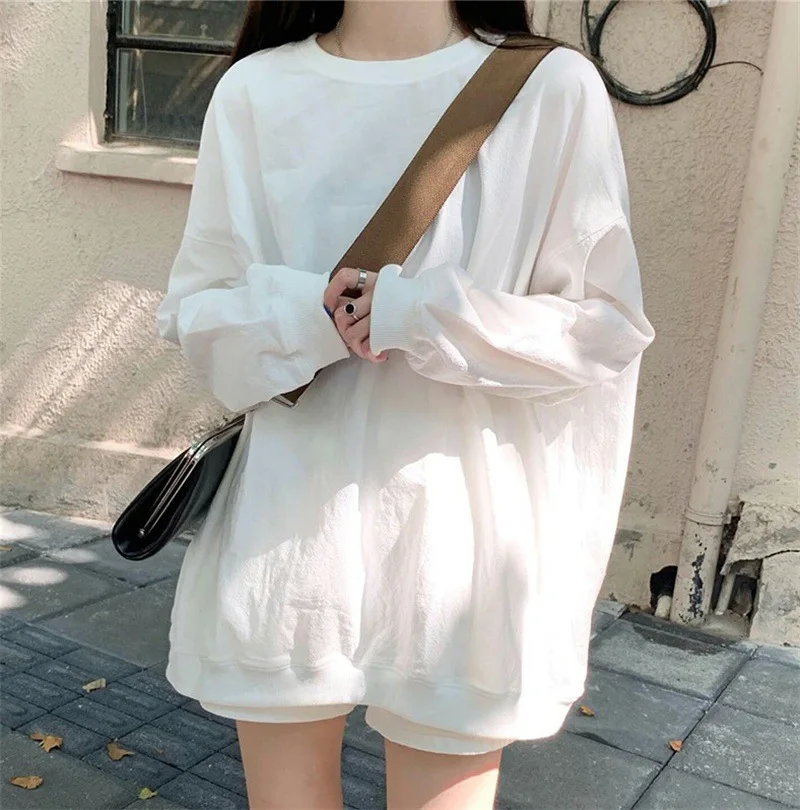 2026 Spring Autumn New Korean Loose Plus Size Solid Thin Long Sleeve Sweatshirt Women Casual Student Tops