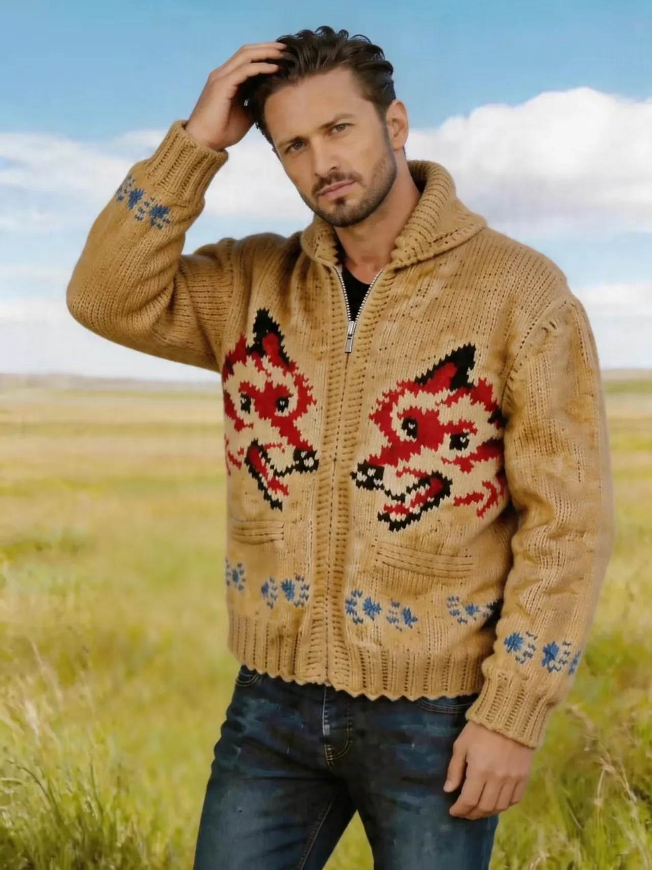 Men's Fox Plaid Knitted Sweater Blazer for Spring 2026 - Thick Knit with Zipper Closure Loose and Comfortable Style