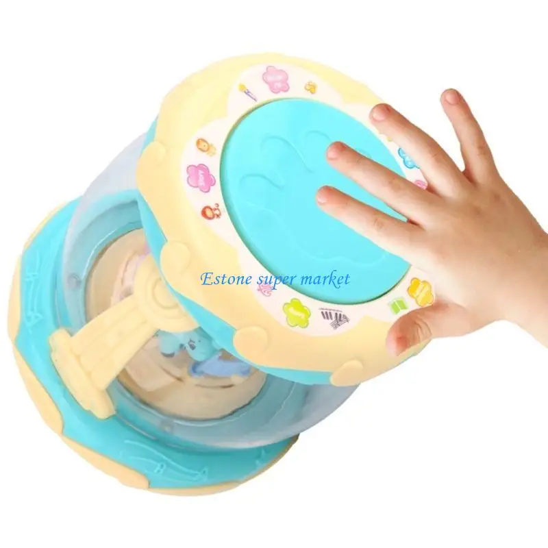 090B Brinquedo tambor mão formato giratório desenho animado com luzes coloridas Brinquedo apresentações música