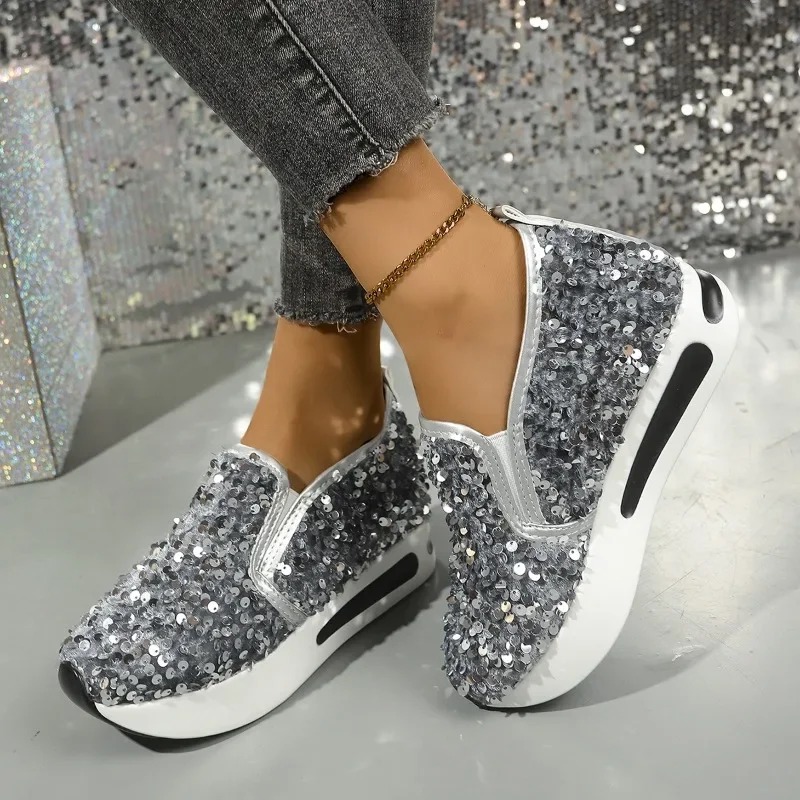 2024 sapatos femininos ao ar livre deslizamento em sapatos vulcanizados femininos plus size tênis bling dedo do pé redondo plataforma senhoras sapatos casuais